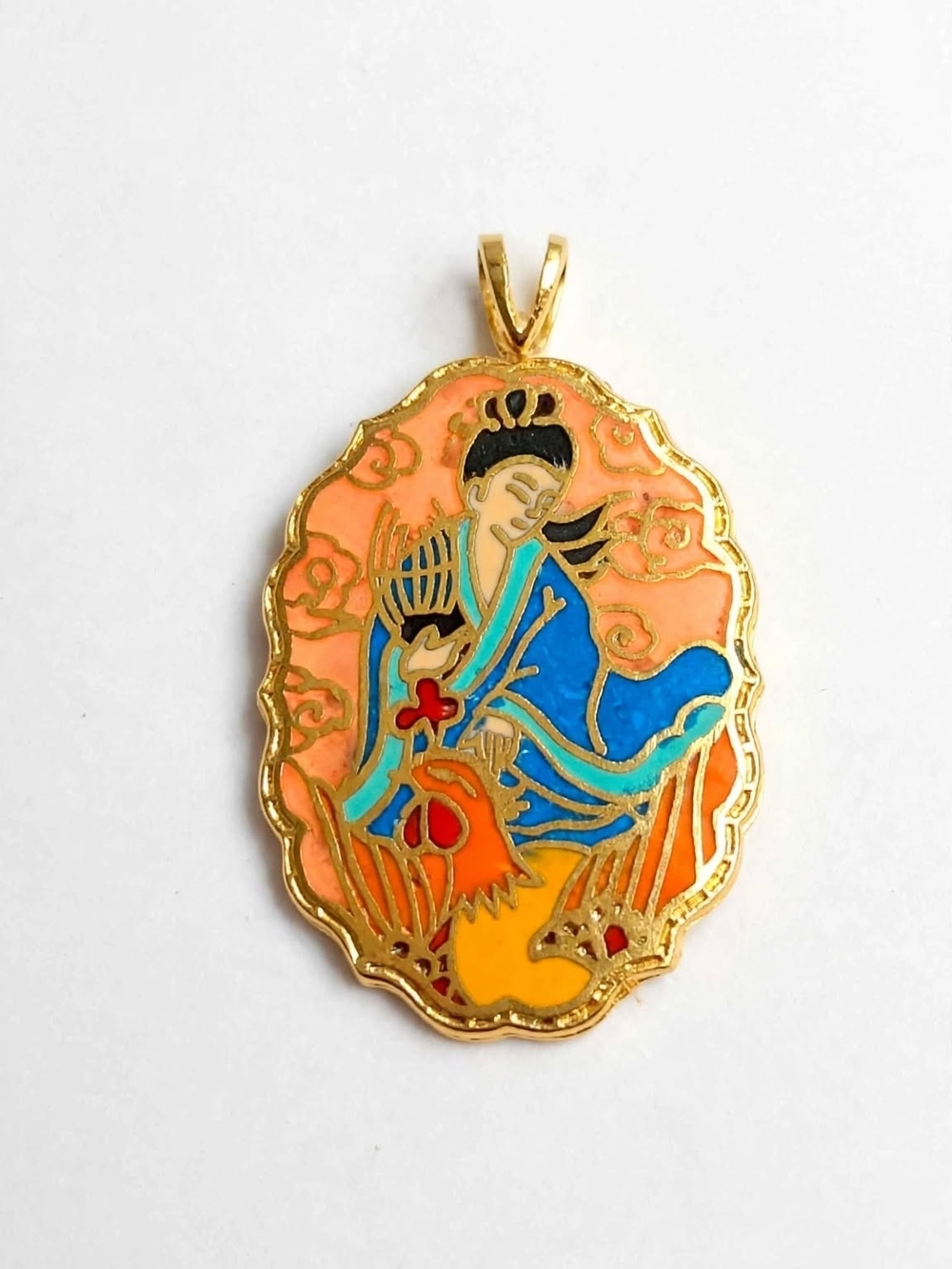 Gold-Tone He Xiangu Cloisonné Oriental Pendant Necklace